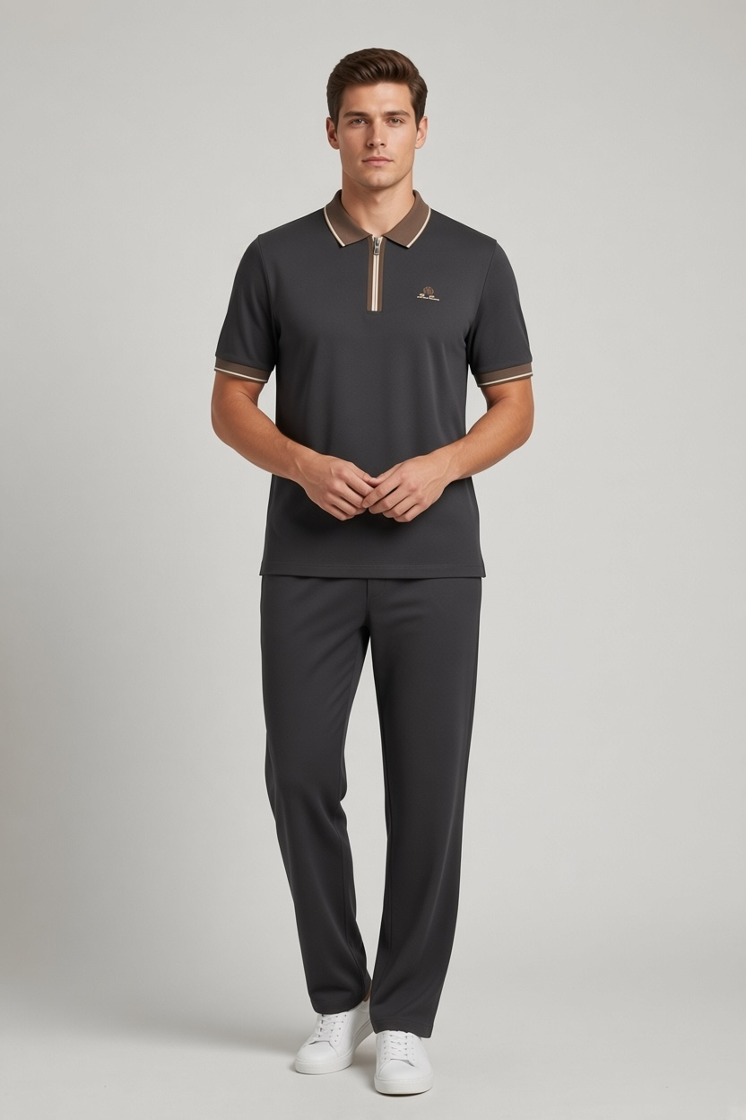 Men's Contrast-Trim Zip-Collar Polo & Track Pant Lounge Set