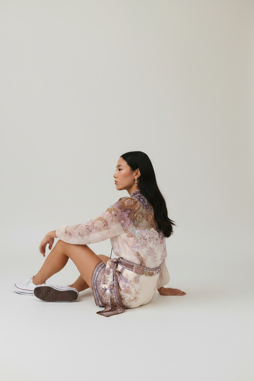 Boho-Chic Floral Print Long-Sleeve Playsuit with Matching Tie Belt
