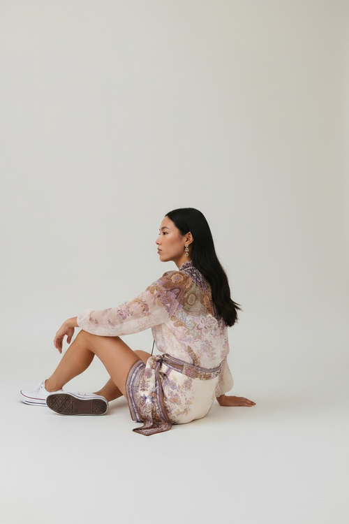 Boho-Chic Floral Print Long-Sleeve Playsuit with Matching Tie Belt