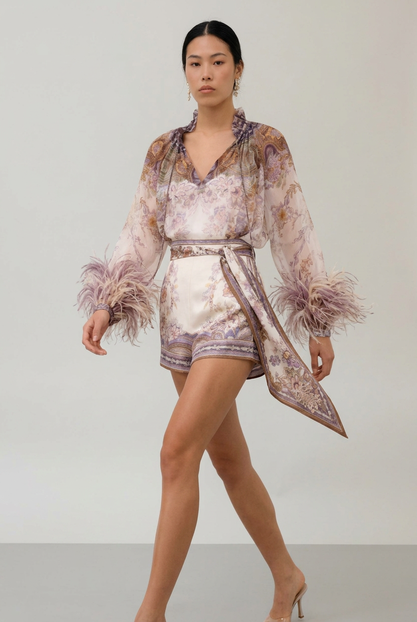 Boho-Chic Floral Print Long-Sleeve Playsuit with Matching Tie Belt