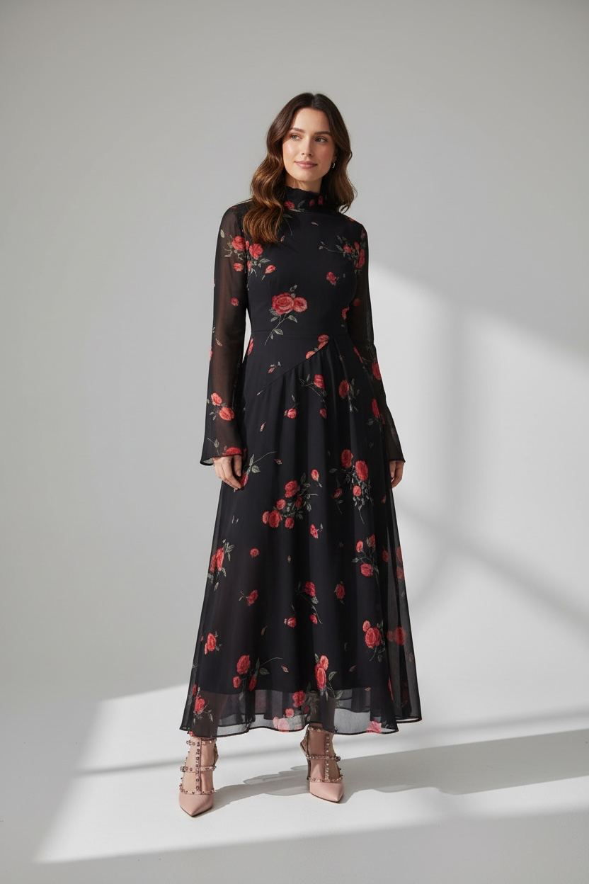 Romantic Rose Print Mock-Neck Chiffon Maxi Dress