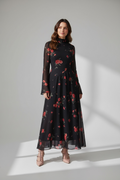 Romantic Rose Print Mock-Neck Chiffon Maxi Dress