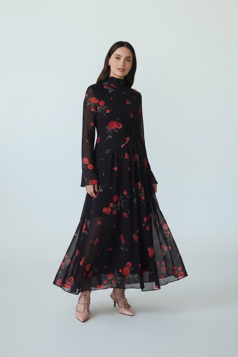 Romantic Rose Print Mock-Neck Chiffon Maxi Dress