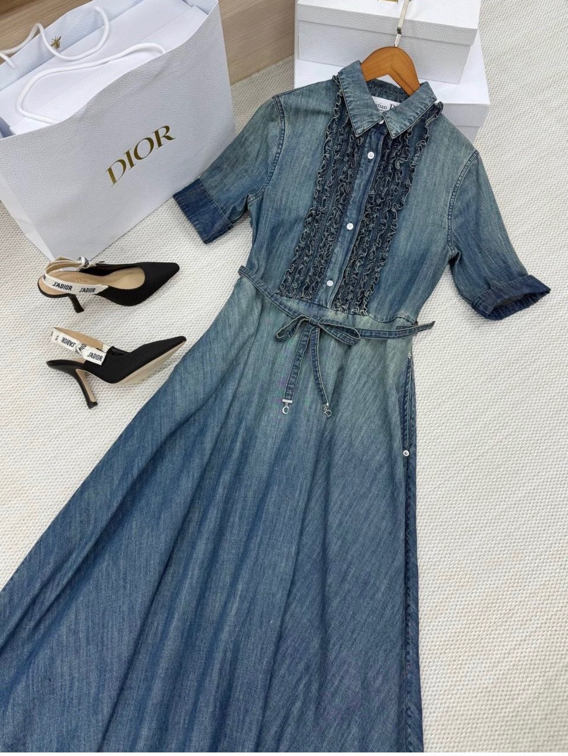 Denim dress with silver belt